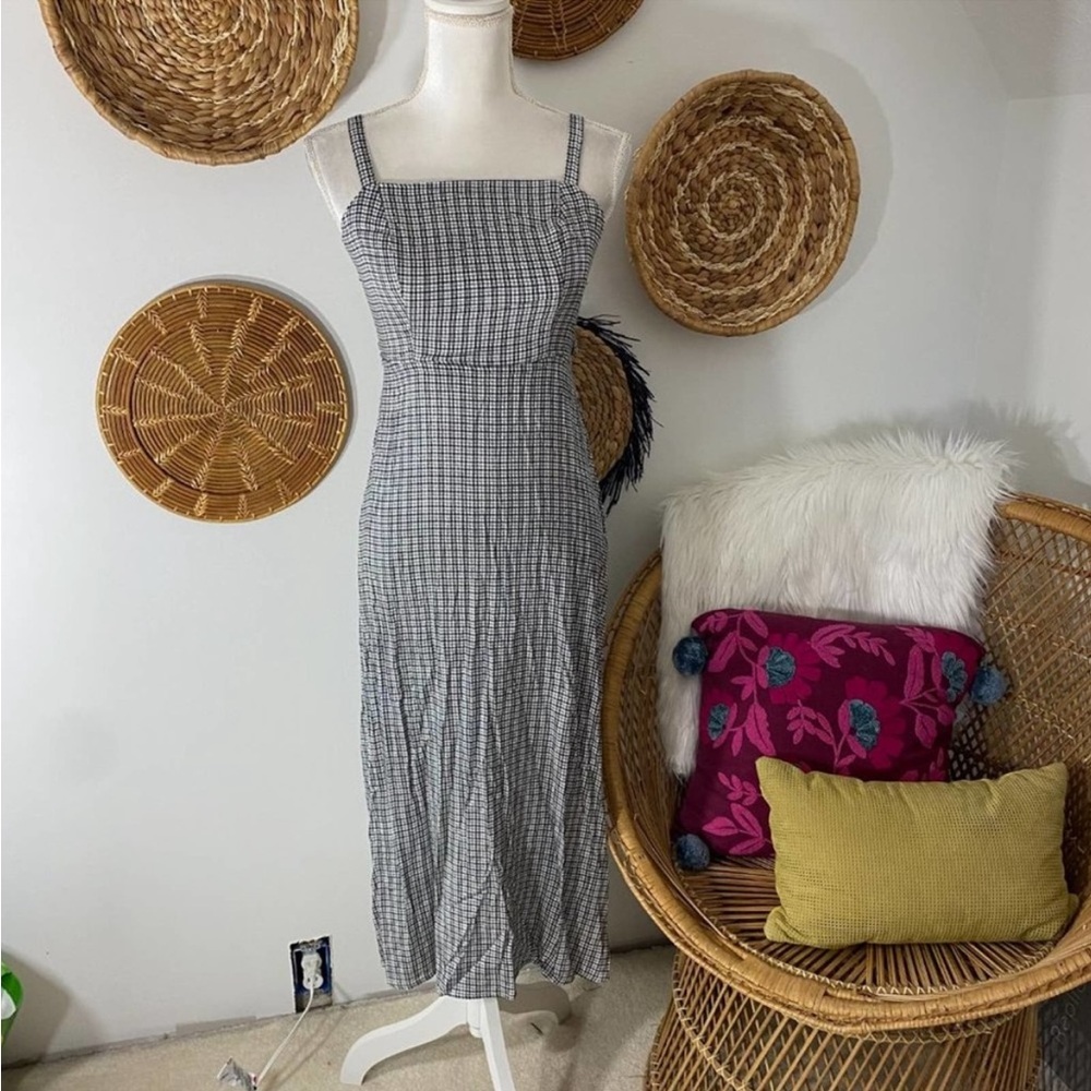 UO Urban Outfitters Black White Plaid Square Neck Open Back Cut Out Midi Dress
